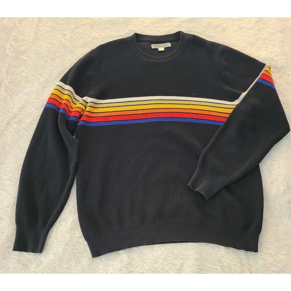 Outerknown Nostalgic Sweater Mens XL Black Rainbow Stripe Cotton Classic Fit